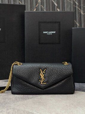 Saint Laurent Black Crackled Textured Leather YSL Logo Flap Chain Crossbody Bag